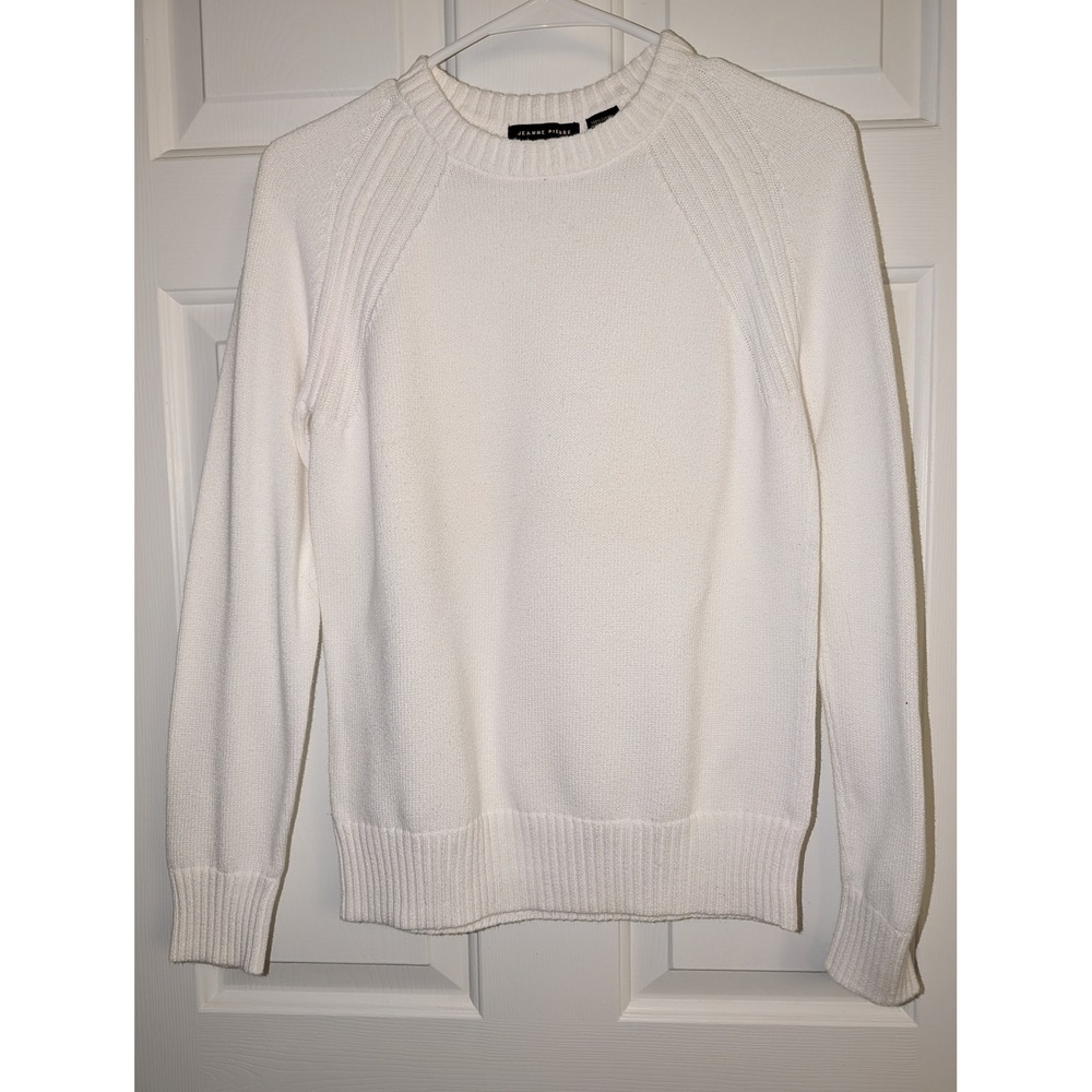Jeanne Pierre White Cotton Crewneck Sweater Raglan Ribbed Knit Size M Preppy